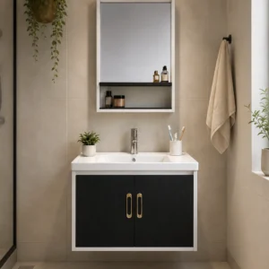 JUEGO F VANITORIO MUEBLE + ESPEJO NEGRO CON BLANCO