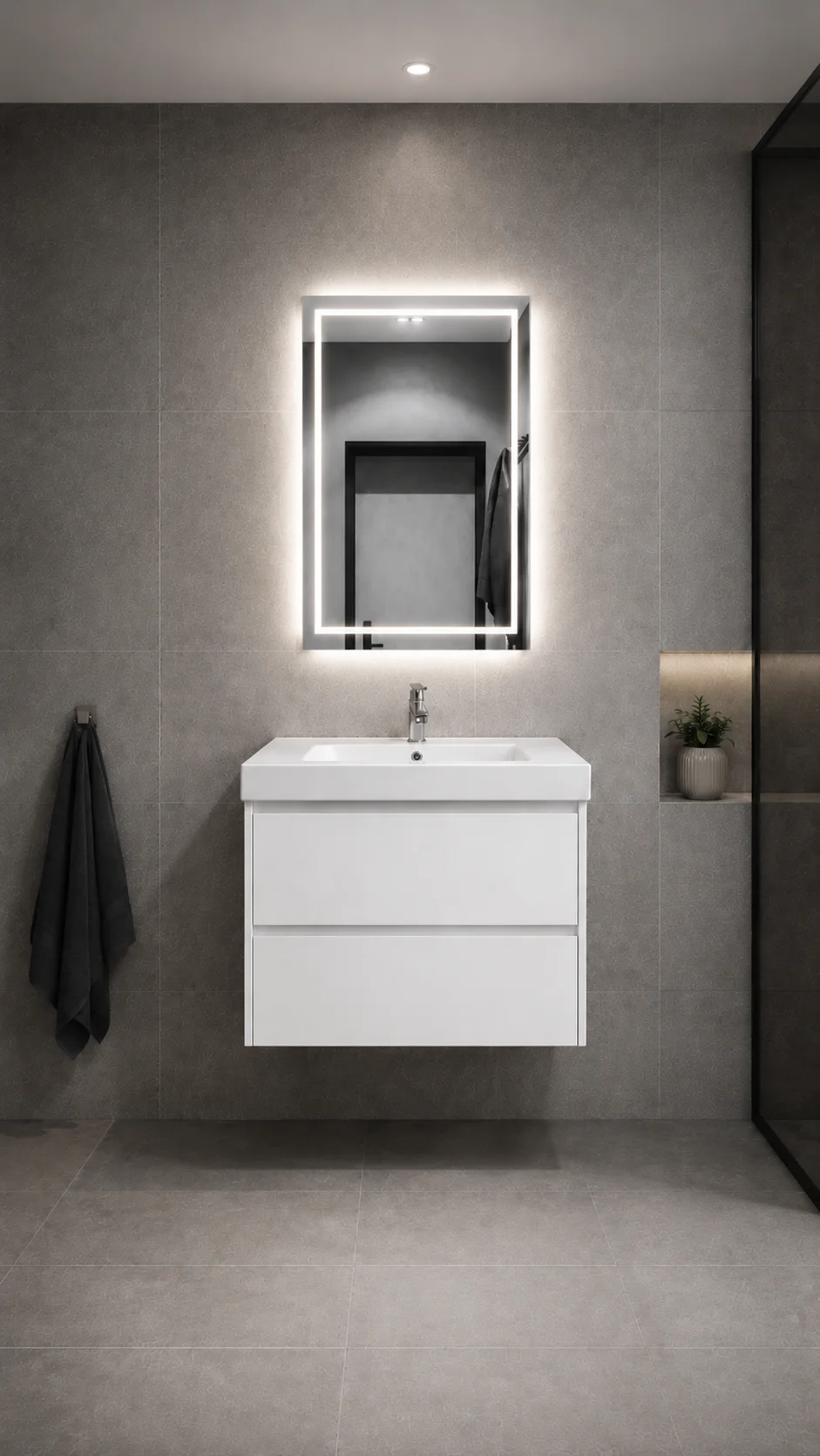 JUEGO R VANITORIO MUEBLE MARFIL + ESPEJO LED