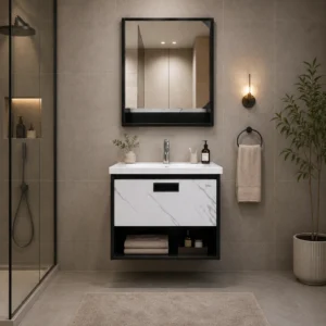 JUEGO Q VANITORIO MUEBLE BLANCO Y NEGRO + ESPEJO NEGRO
